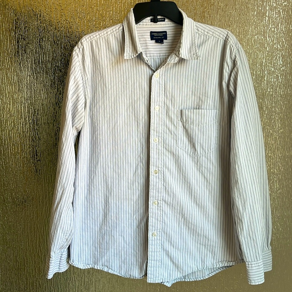 American Eagle large white striped button down shirt